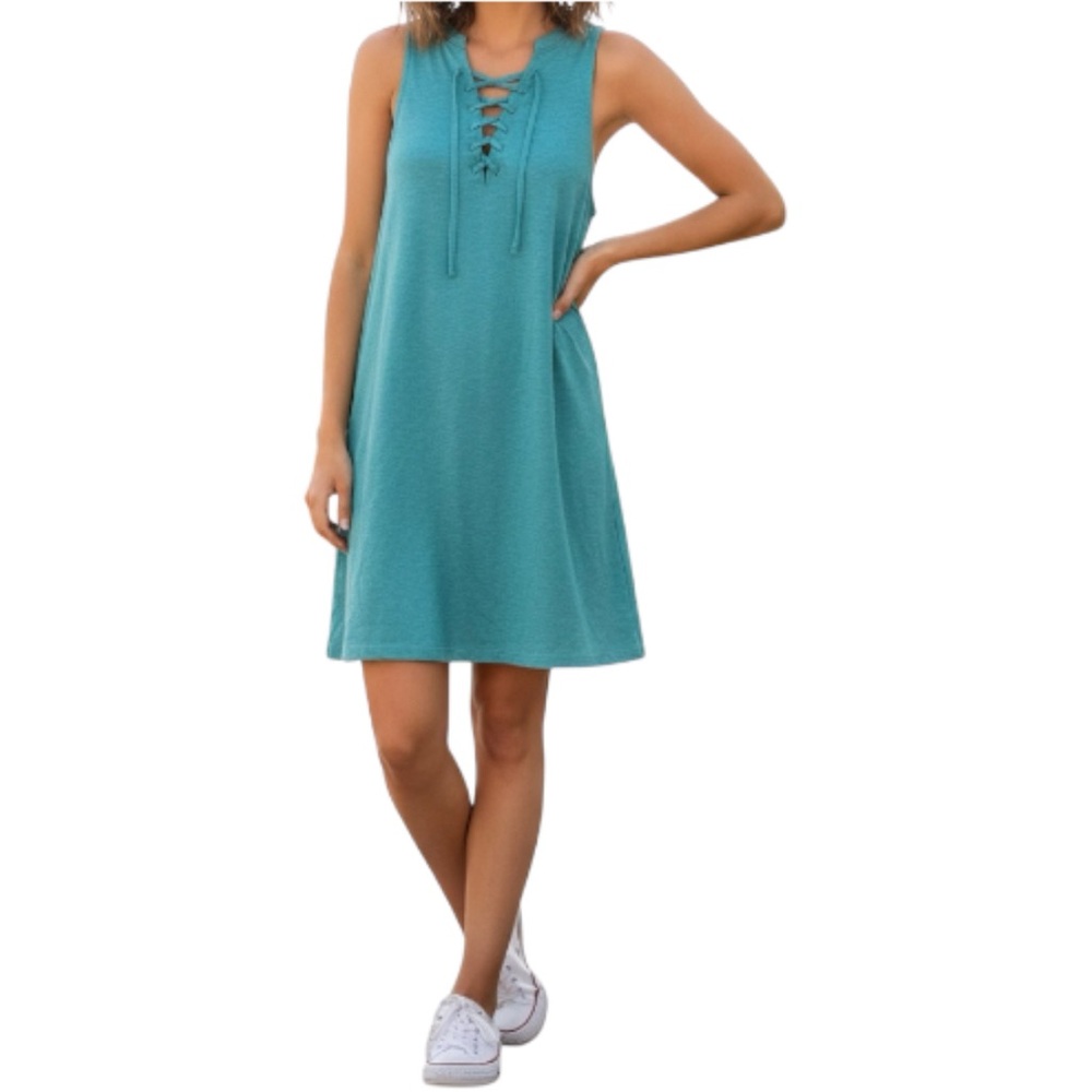 Lagaci Teal Sleeveless Lace-Up Mini Dress - Size Large